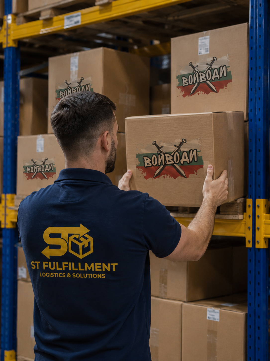 Служител на ST Fulfillment подрежда брандирани кутии